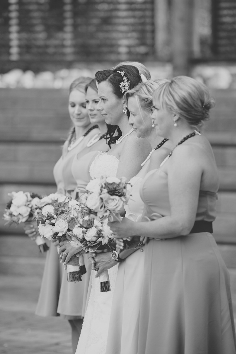 bride and bridesmaids, black and white, vintage okanagan wedding by nelson, kelowna, bc, wedding photographer electrify photography