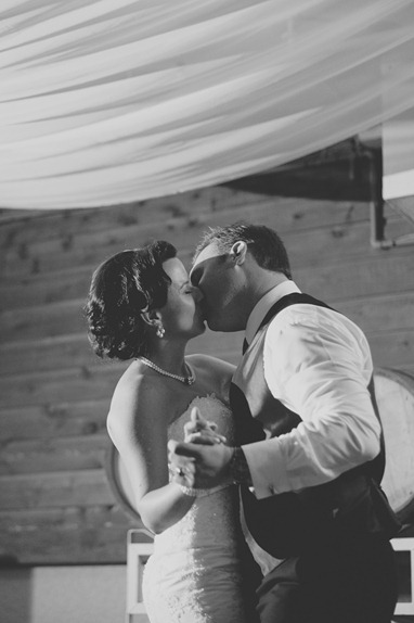 first dance, kiss, black and white, vintage okanagan wedding by nelson, kelowna, bc, wedding photographer electrify photography