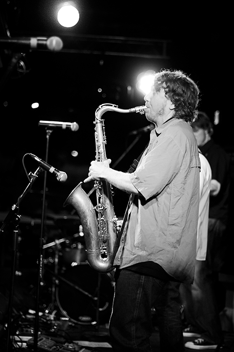 Mike Eby of Arthur Funkarelli on saxophone at Spiritbar in Nelson, BC, photo by Electrify Photography