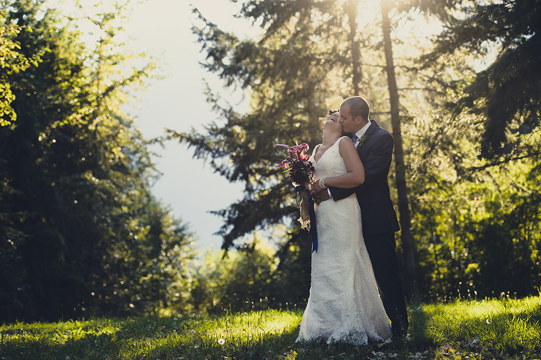 Bride and Groom in evening sun at rustic Kootenay Wedding by Electrify Photography.