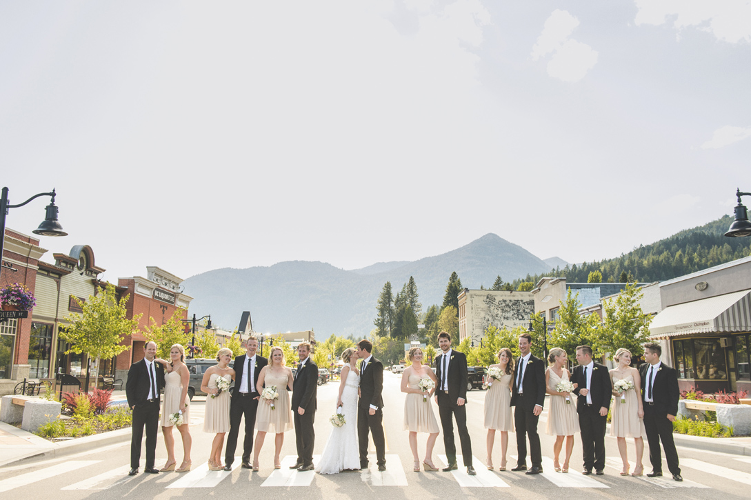 Wedding party in downtown Rossland with an Abbey Road feel, by Nelson BC Kootenay wedding photographer Emilee Zaitsoff of Electrify Photograph