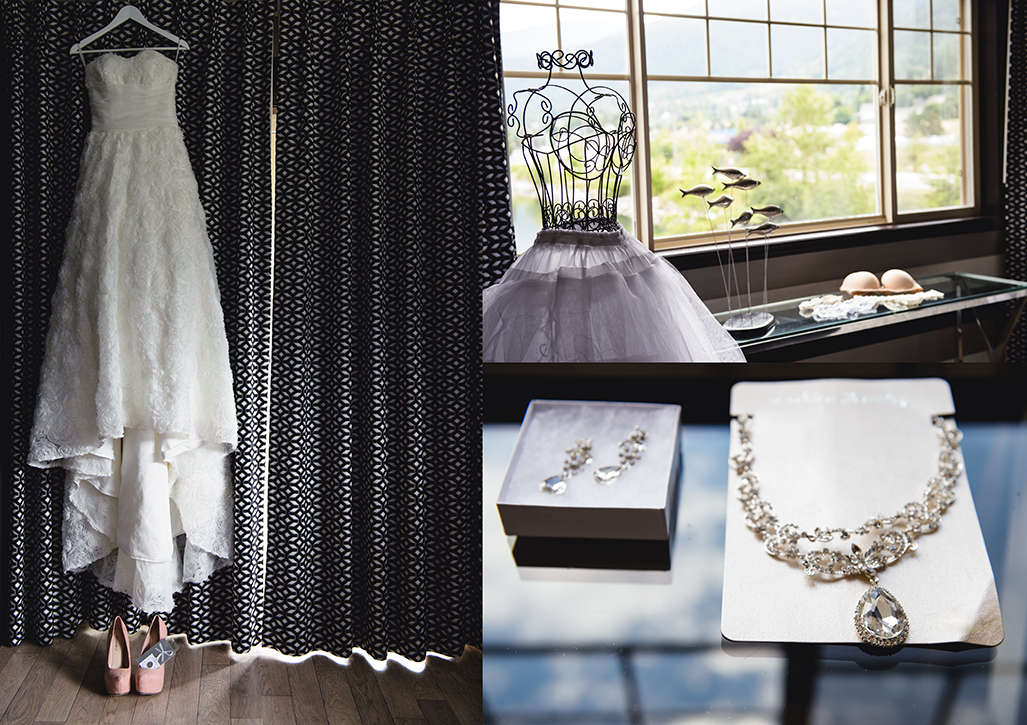 Wedding dress and jewelry showcased in the Prestige Lakeside Resort, Nelson BC, by Electrify Photography